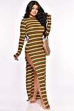 2024 Stylish Girls Stripes Full Sleeves Split Long Dress YD-8793