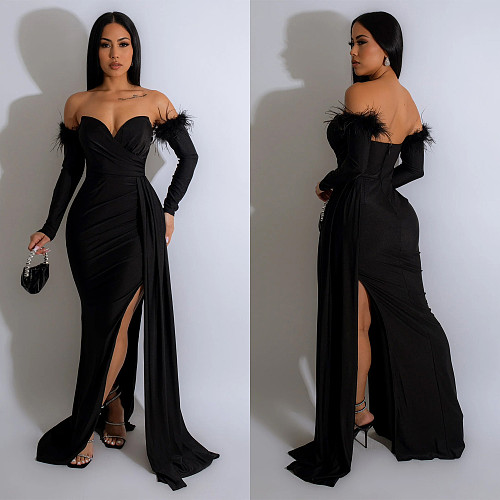 2024 Sexy Strapless Backless Lady Folds Split Long Party Dress BY-6797