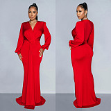 2024 Elegant Lady Deep-V Solid Color Folds Long Dress BY-6796