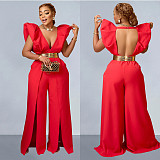 2024 Sexy Deep-V Backless Solid Color Slit Long Jumpsuit BY-6805