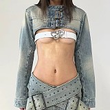 Denim Crop Top Jacket And Micro Mini Skirts Suits RS-22220