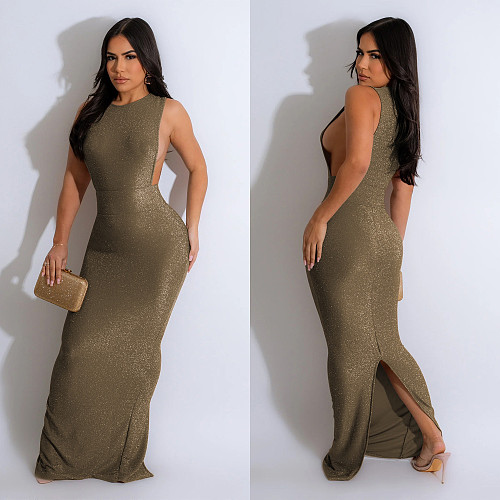 2024 Elegant Lady Sleeveless Round Neck Slim Slit Long Dress BY-6791
