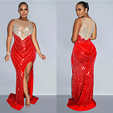 2024 Elegant Lady Mesh Splicing Hot Drilling Split Club Dress BY-6807