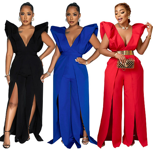 2024 Sexy Deep-V Backless Solid Color Slit Long Jumpsuit BY-6805