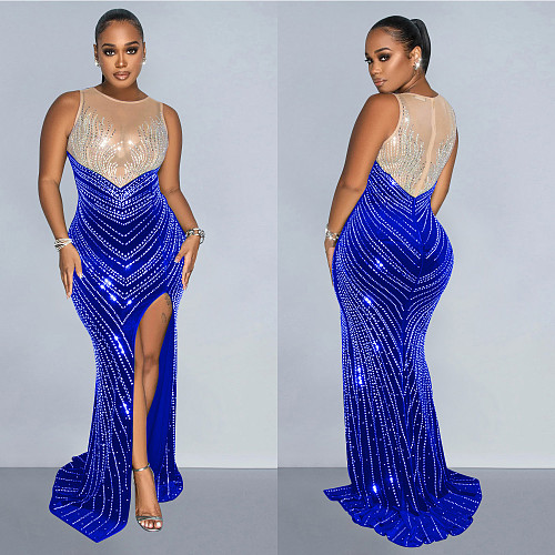 2024 Elegant Lady Mesh Splicing Hot Drilling Split Club Dress BY-6807