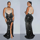 2024 Elegant Lady Mesh Splicing Hot Drilling Split Club Dress BY-6807