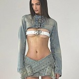 Denim Crop Top Jacket And Micro Mini Skirts Suits RS-22220