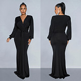 2024 Elegant Lady Deep-V Solid Color Folds Long Dress BY-6796