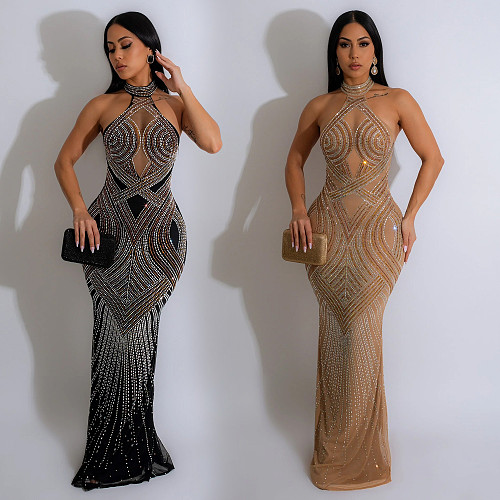 2024 Sexy Halter Backless Hot Drilling Slim Long Club Dress BY-6811