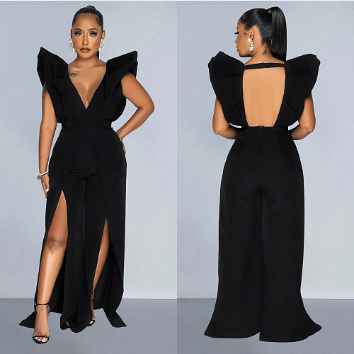 2024 Sexy Deep-V Backless Solid Color Slit Long Jumpsuit BY-6805