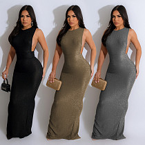 2024 Elegant Lady Sleeveless Round Neck Slim Slit Long Dress BY-6791