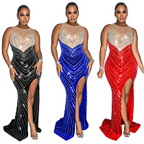 2024 Elegant Lady Mesh Splicing Hot Drilling Split Club Dress BY-6807