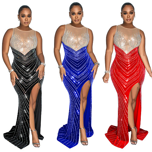 2024 Elegant Lady Mesh Splicing Hot Drilling Split Club Dress BY-6807