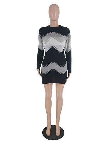 Long Sleeve Winter Dress Women's Fall Knitted Elastic Striped ZAND-31324