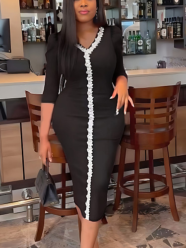 2024 Elegant Lady V-neck Black Lace Package Hips Plus Size Dresses TB-5889