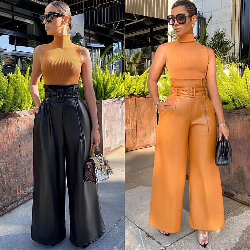 2024 Fashion Lady PU Leather High Waist Wide-leg Pants WDS-211025