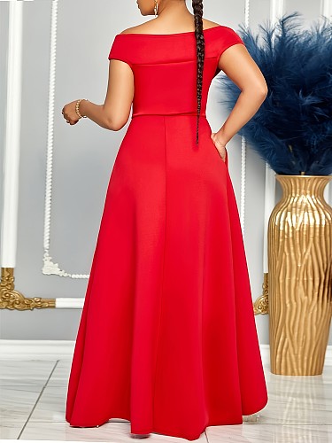 2024 Elegant Lady Drop Shoulder Ruffles Red Plus Size Long Dress TB-5949