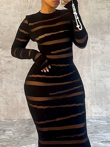 Women Full Sleeved Round Neck Bodycon Slim Black Stripes Plus Size Dresses TB-5939