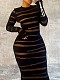 Women Full Sleeved Round Neck Bodycon Slim Black Stripes Plus Size Dresses TB-5939