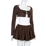 Long Sleeve Button Crop Tops and Pleated Mini Skirts Matching Winter Outfits RS-08907