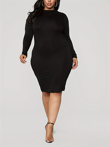 2024 NEW Women Round Collar Long Sleeved Black Bodycon Plus Size 5XL Dress TB-5876