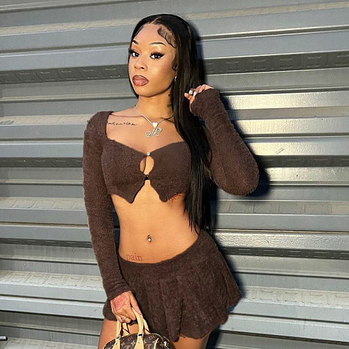 Long Sleeve Button Crop Tops and Pleated Mini Skirts Matching Winter Outfits RS-08907