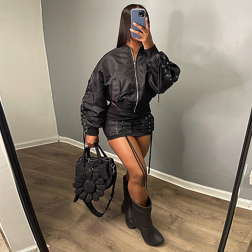 Zip Fly Crop Jacket And Short Skirt Matching Set 2024 RS-08960