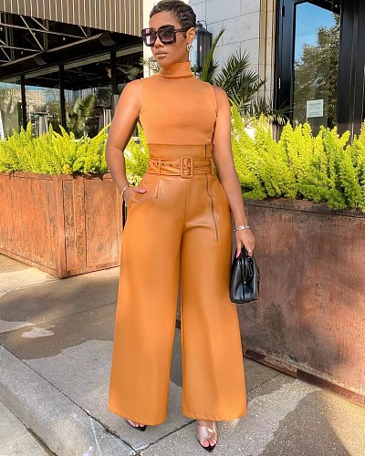 2024 Fashion Lady PU Leather High Waist Wide-leg Pants WDS-211025