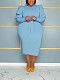 2024 Women Long Sleeved Round Neck Slim Large Size Dress Sky Blue TB-5867