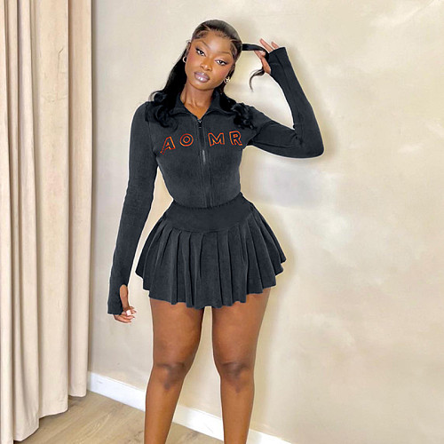 Crop Jacket Sexy Ribbed Mini Dress Party Wear Two Piece Skirt Set RS-07578