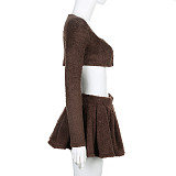 Long Sleeve Button Crop Tops and Pleated Mini Skirts Matching Winter Outfits RS-08907