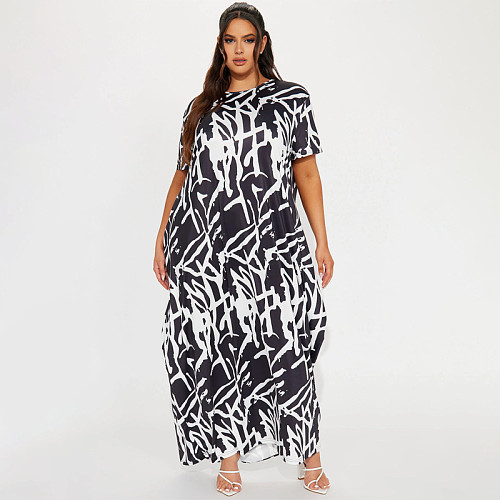 2024 Large Size 5XL Ladies Black White Print Loose Long Dresses WDS-231034