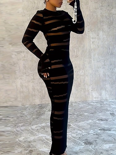 Women Full Sleeved Round Neck Bodycon Slim Black Stripes Plus Size Dresses TB-5939