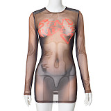 Round Neck Long Sleeved Perspective Pullover Buttocks Wrapped Dress RS-D23DS410