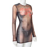 Round Neck Long Sleeved Perspective Pullover Buttocks Wrapped Dress RS-D23DS410