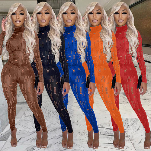 Solid Hole Long Sleeve Bodycon Top+Leggings Set AL-272