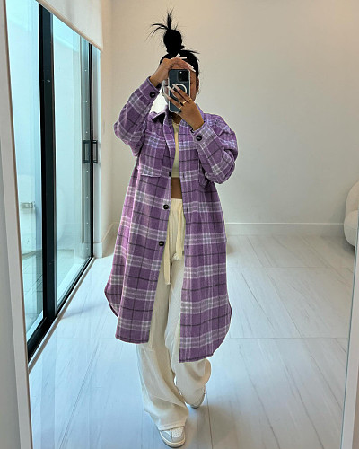 2024 Fashion Plaid Printed Women Lapel Pockets Long Blouse ZS-0648