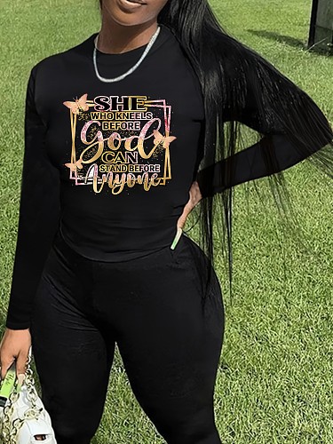Casual Printed Women Round Neck Long Sleeved Black T-shirt DN-N5266S56