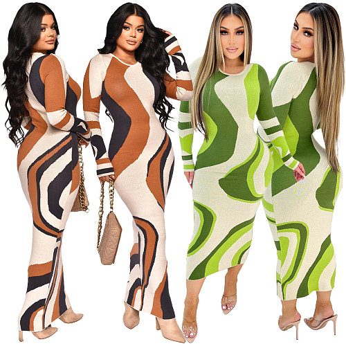 2024 Stylish Print Ladies Round Neck Long Sleeves Tight Maxi Dress YNS-2623