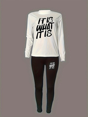 2024 Casual Women Letter Printed White Tops And Black Sporty Pants Suits DN-N8234i20