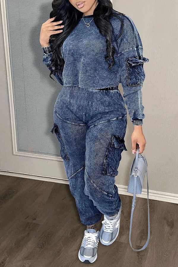 Pocket Pullover Long Sleeve Round Neck Pants 2PC Set RS-881144102