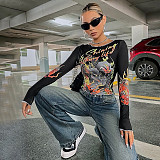 Dragon Printed Graphic Letter Long Sleeve Crop Tee RS-R23TP144