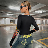 Dragon Printed Graphic Letter Long Sleeve Crop Tee RS-R23TP144