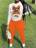 2024 Casual Women Prints Tops With Orange Sporty Pants 2 Pieces Sets DN-N8234D20