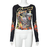 Dragon Printed Graphic Letter Long Sleeve Crop Tee RS-R23TP144