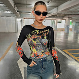 Dragon Printed Graphic Letter Long Sleeve Crop Tee RS-R23TP144