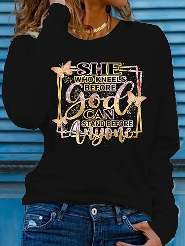 Casual Printed Women Round Neck Long Sleeved Black T-shirt DN-N5266S56