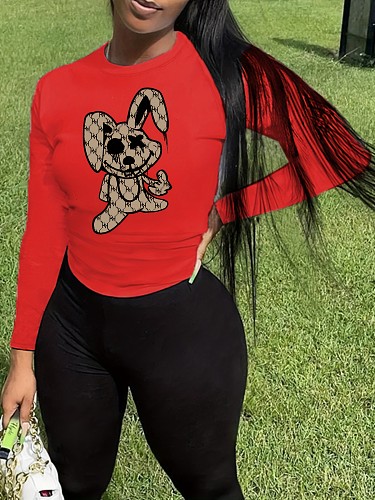 Casual Printed Girl Long Sleeves Round Collar Red T-shirt DN-N5266T26