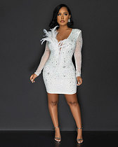 2024 Sexy Hot Drilling Feather Ladies V-neck Slim Mini Club Dress NY-3116