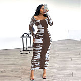 2024 Fashion Printed Lady Crew Collar Split Bodycon Long Dresses NY-3136